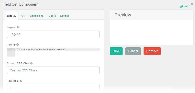 Field Set Component Settings Window