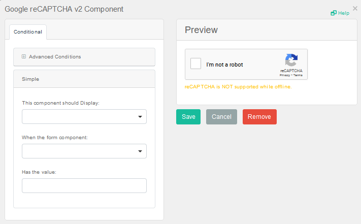 reCAPTCHA Component Settings Window