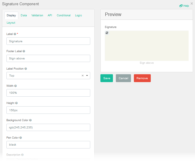 Signature Component Settings Window