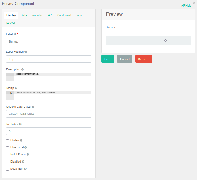 Survey Component Settings Window