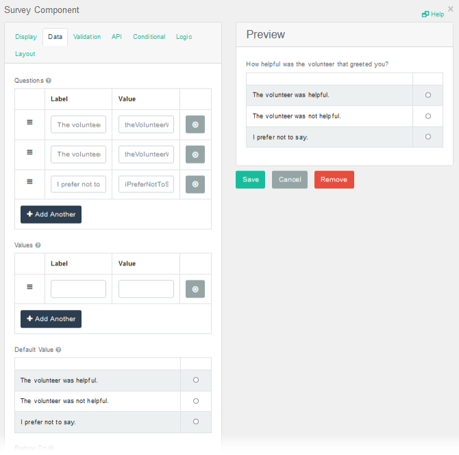 Survey Component Window - Data Tab