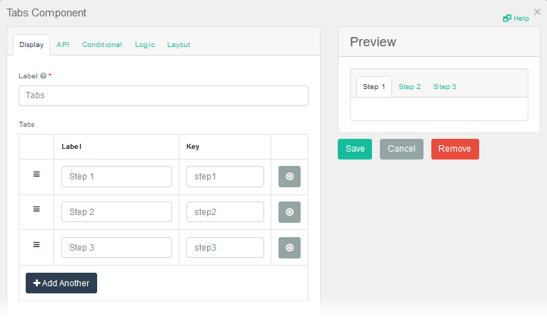 Tabs Component Settings Window