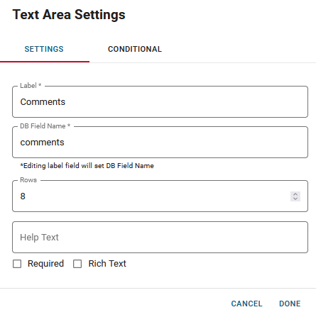 Text Area Settings Window