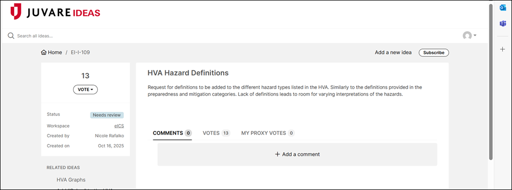 Juvare Ideas Comments tab