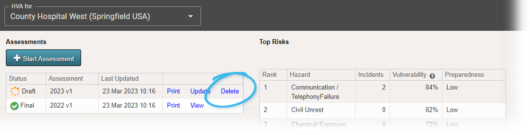 Delete an HVA draft from the Planning menu