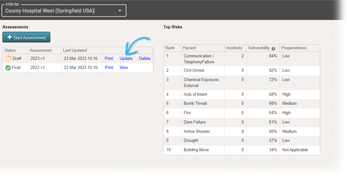 Update HVA Draft in the Planning menu