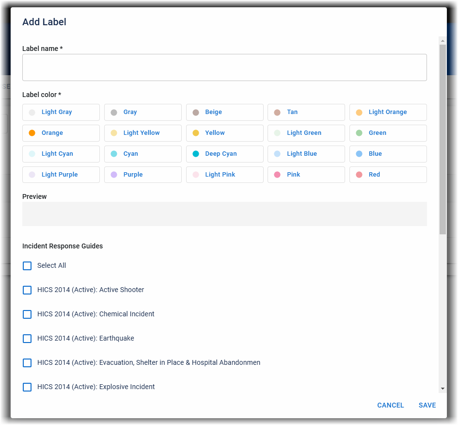 The Add Label window with fields for the name, color, and IRGs
