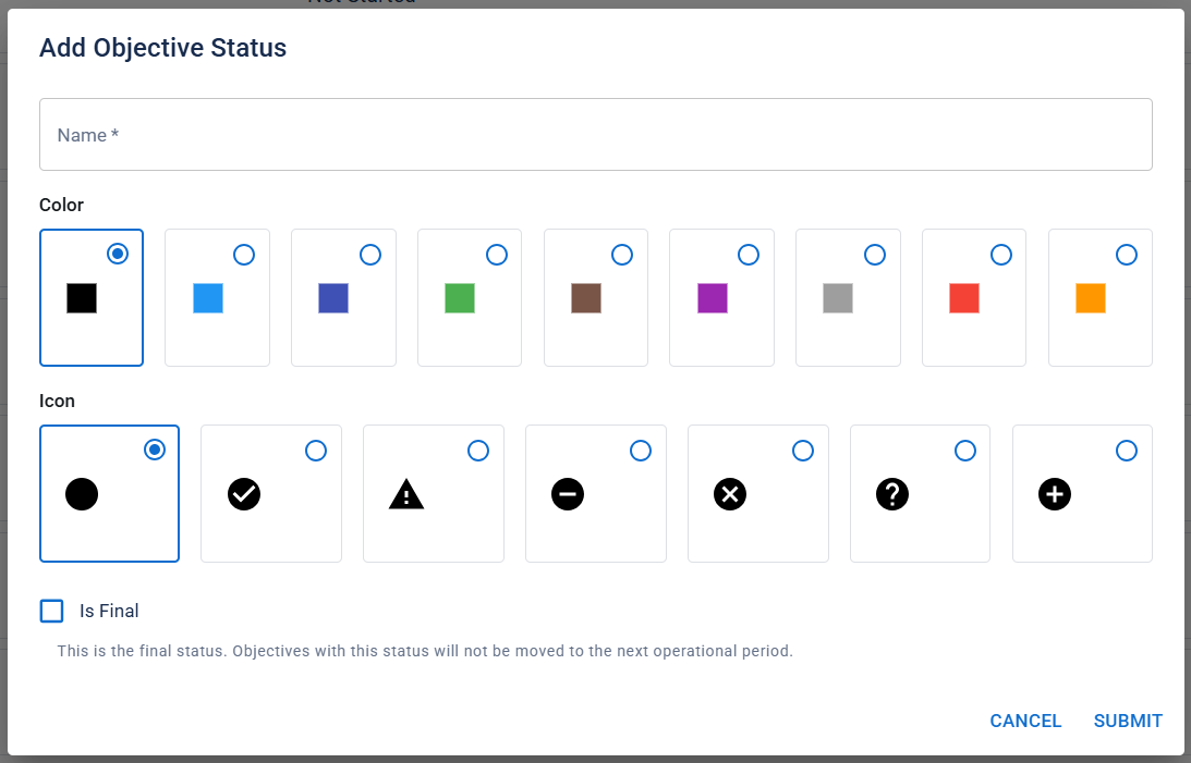 The Add Objective Status window