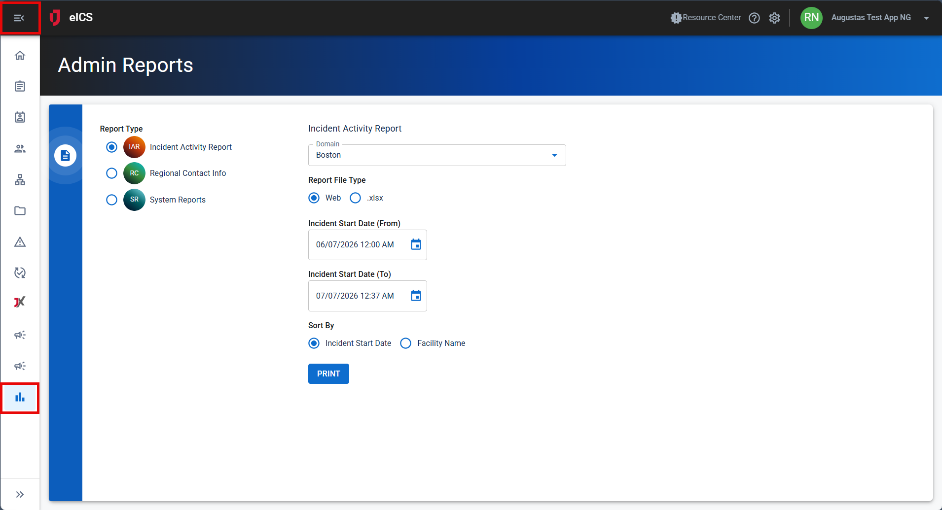 The menu toggle and Reports icon used to access Admin Reports.