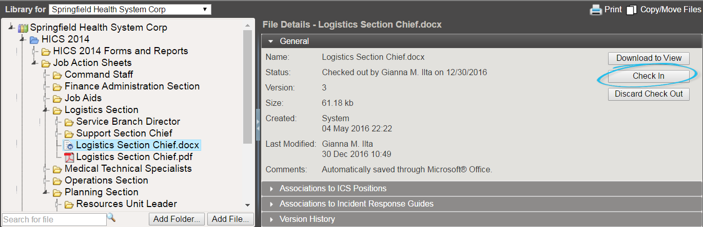 Check In a File option