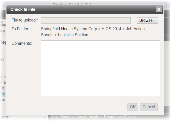 Check In File window: upload to folder