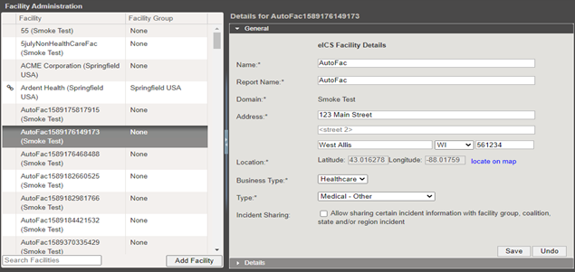 eICS Facility Details page