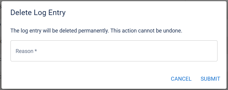 The Delete Log Entry window with a textbox to add a reason