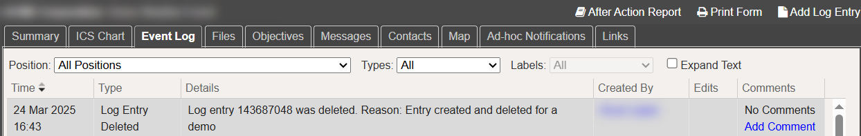 An example of the Event Log entry with the reason for deletion