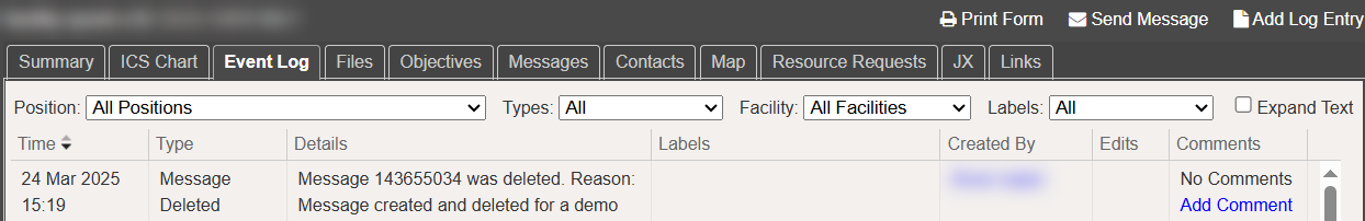 An example of the Event Log entry with the reason for deletion