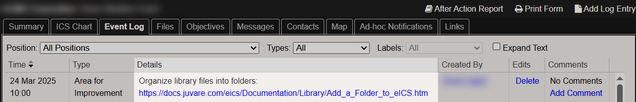 An example Event Log entry with a hyperlink