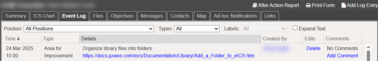 The Event Log with a manually added entry