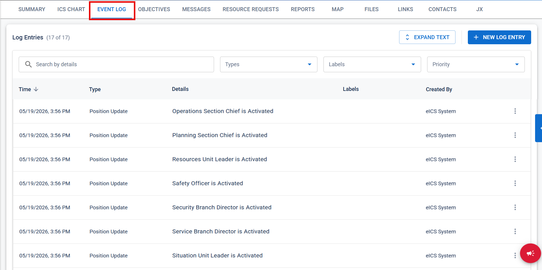 Event Log tab displaying incident activity entries with search and filtering options.
