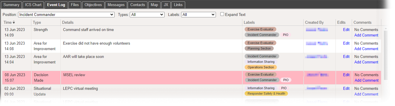 Incident Dashboard: Event Log