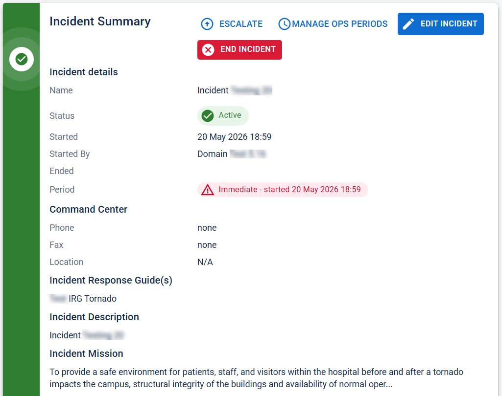 Incident dashboard Summary panel showing key incident information and current status.