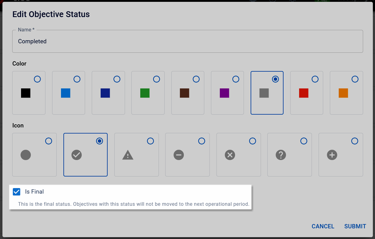 The Is Final field on the Edit Objective Status Window