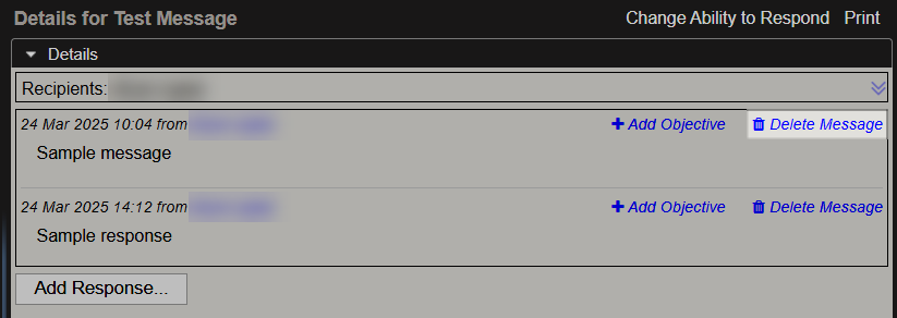 The message details for an example message with a response