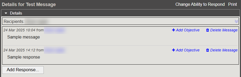 The message details for an example message with a response