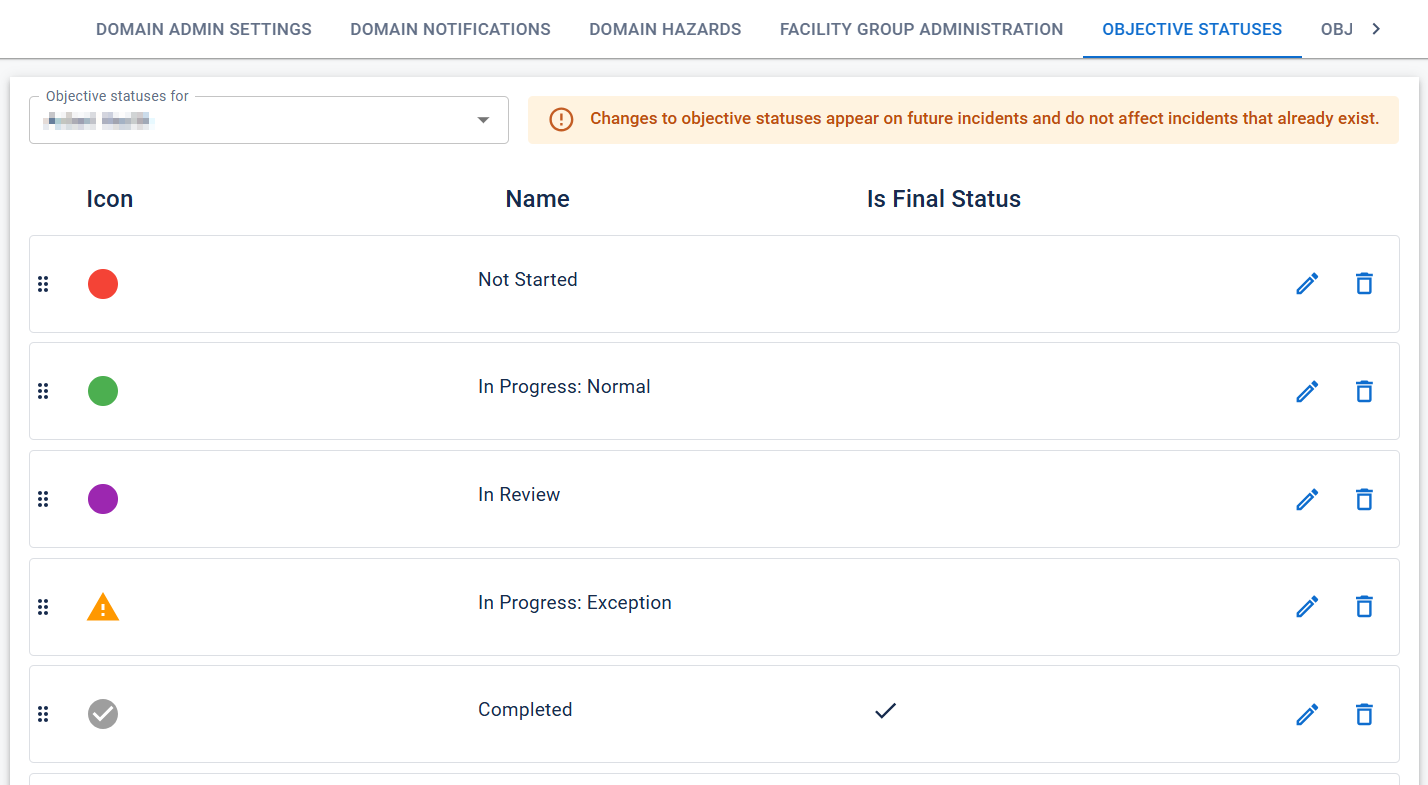 The Objective Statuses page with example statuses