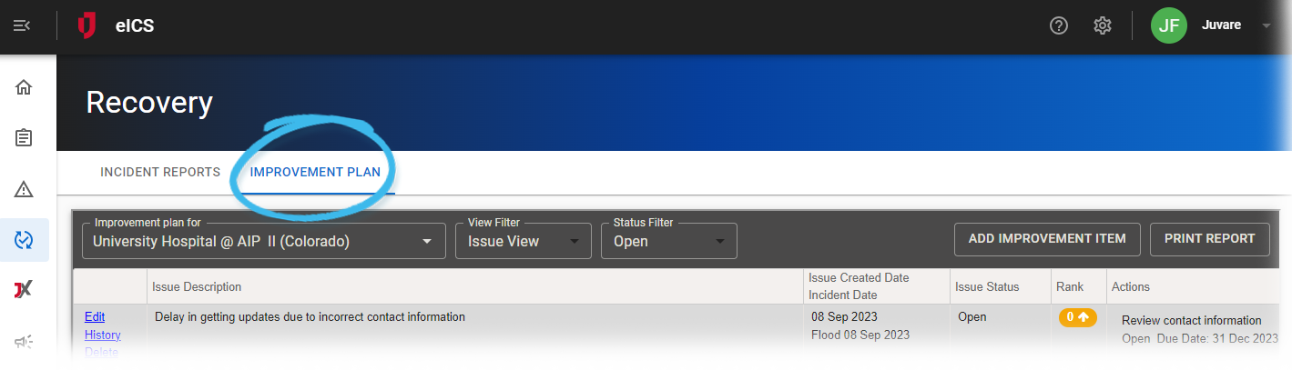 Recovery Menu: Improvement Plan tab highlighted
