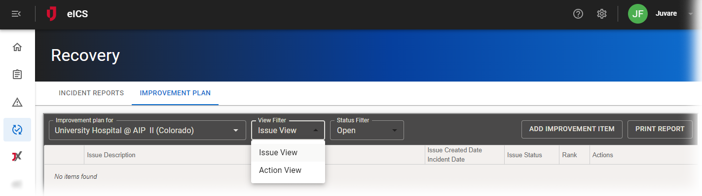 Recovery page: Improvement Plan tab, showing the Issue or Actions Views