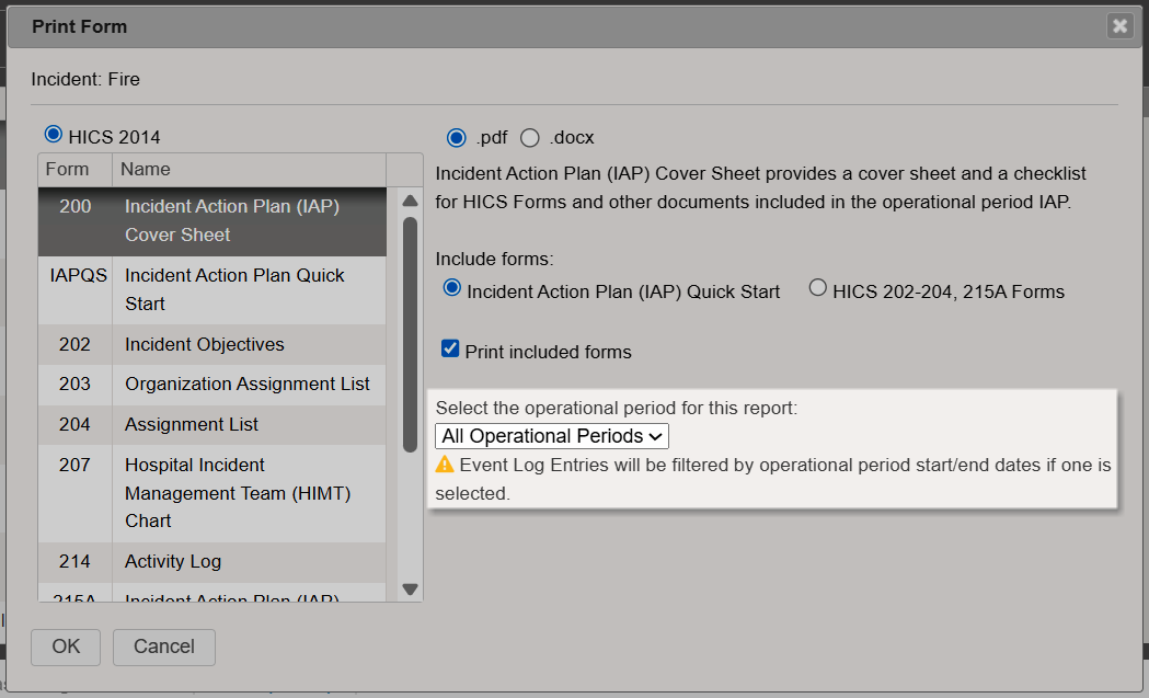 A report with the new option to select an operational period
