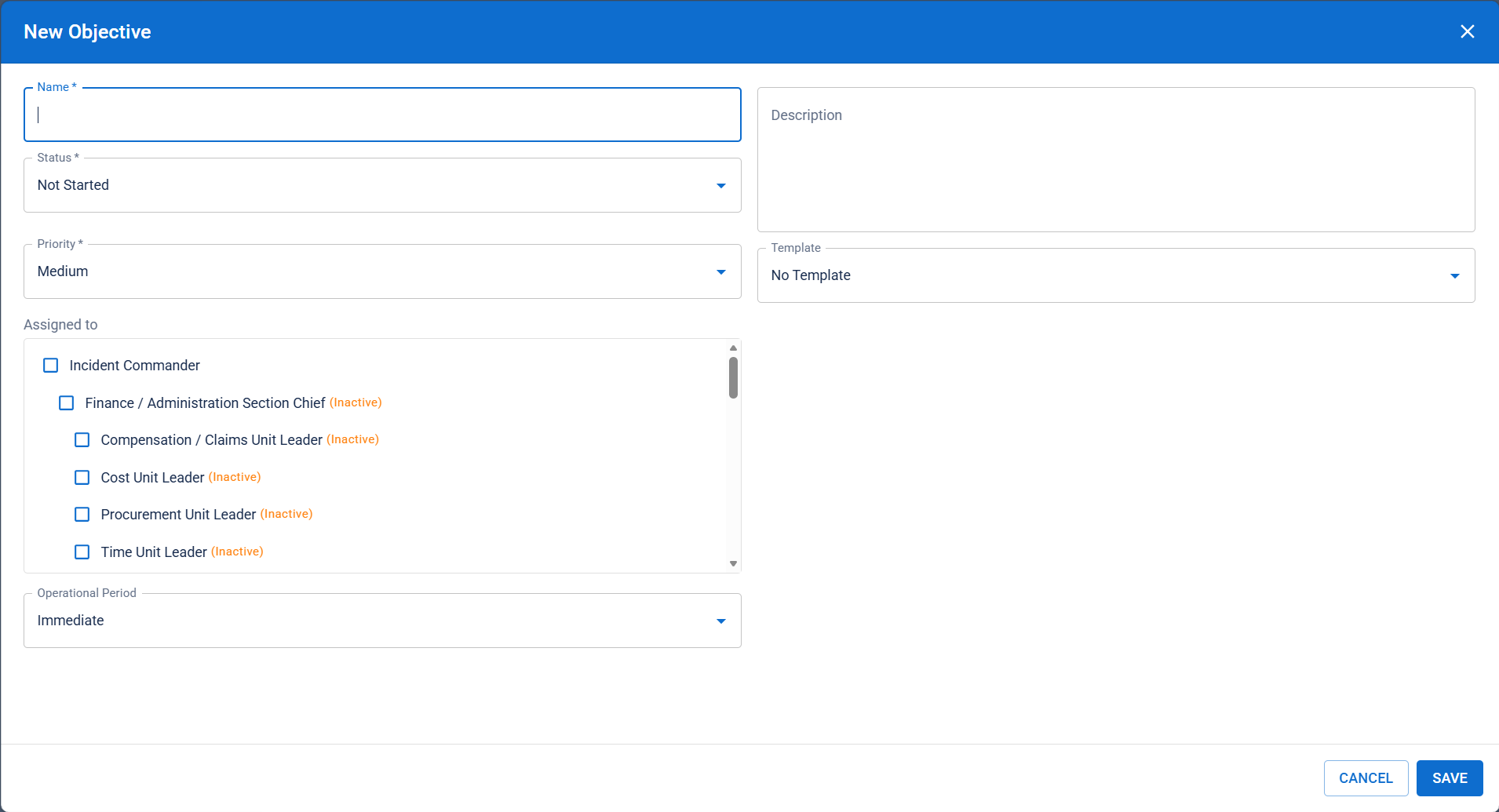 Objective form for creating and assigning incident objectives.