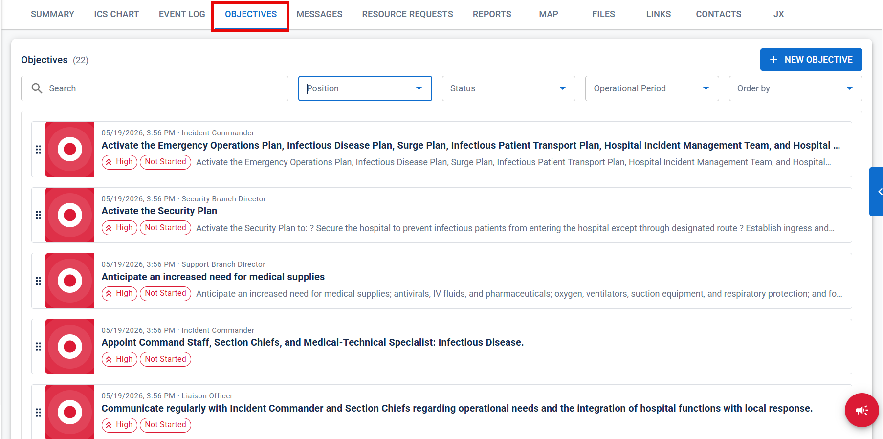 Objectives tab with objectives and status filters.
