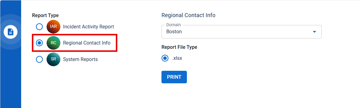 Admin reports page with the Regional Contact Info report type selected.