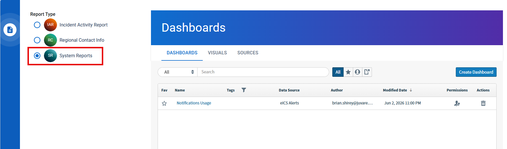 Admin reports page with the System Reports type selected. Admin reports page with the System Reports type selected.