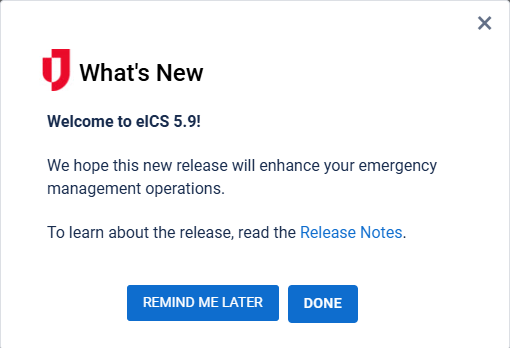The What's New window for eICS 5.9 A window with release information, a Done button, and a Remind Me Later button