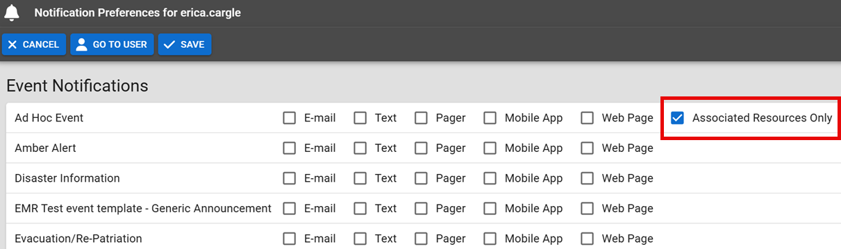 Emresource Manage a User's Event Notifications