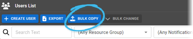 A screenshot showing the Bulk Copy button on the Users List page