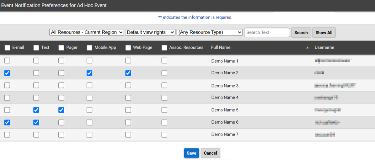A table with checkboxes used to select event notification preferences for specific people