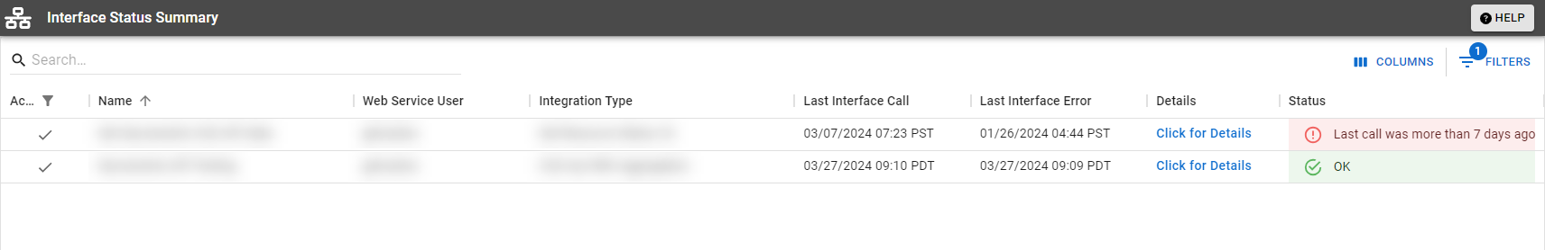 A page showing data from interfaces, including interface names, web service users, integration types, last interface call, last interface error, and clickable text for more details.