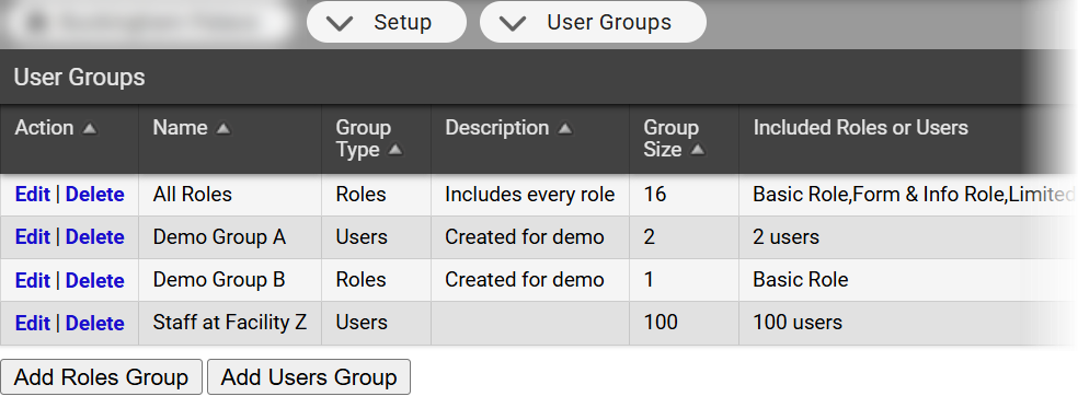 Example user groups A table of user groups with example data