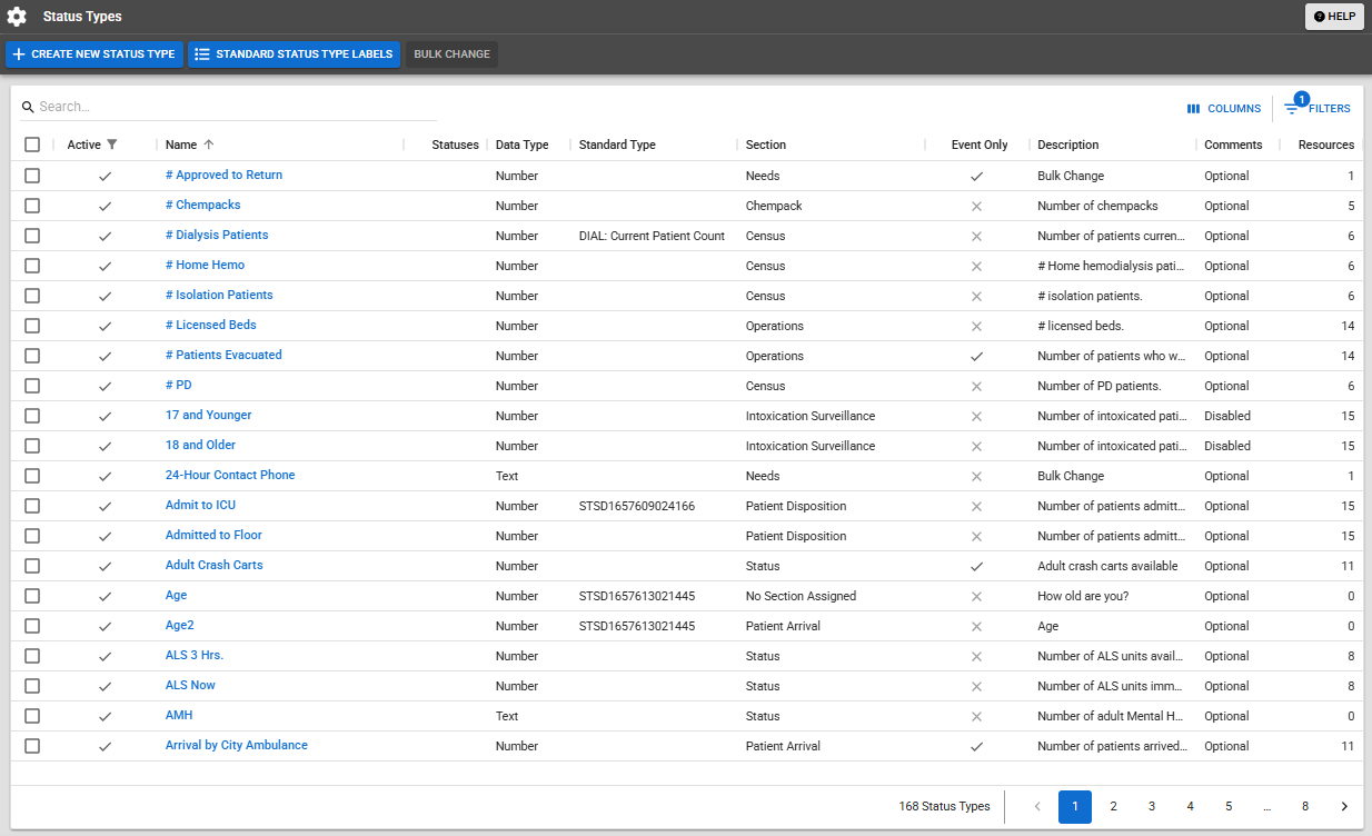 The Status Types page The Status Types page