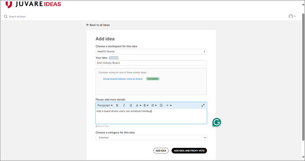 Ideas Portal Add Idea page
