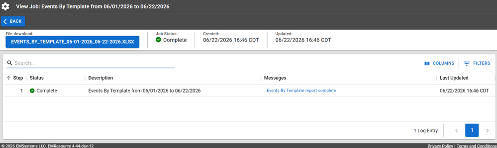 Complete Events By Template Report on the Jobs page.