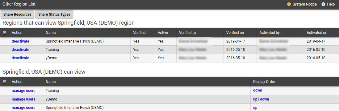 EMResource Share Status Types with Other Regions