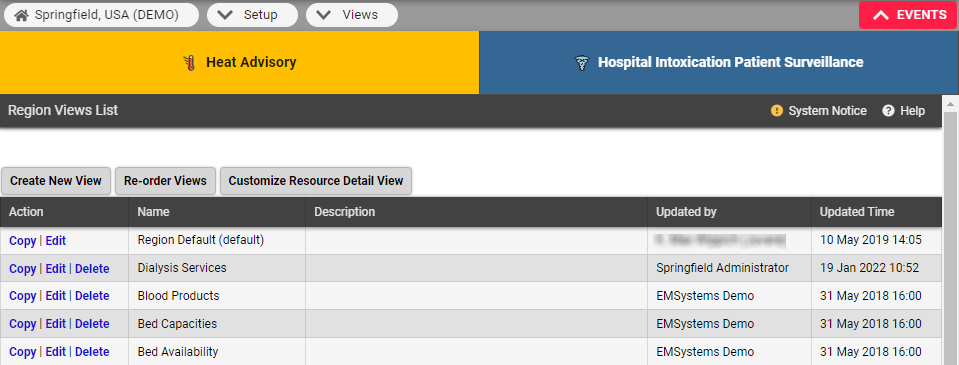 EMResource Setup Views Region Views List
