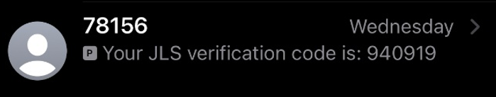 Example SMS preview showing a JLS verification code.