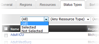 EMResource Setup Views Create View Status Types Filter drop down menu