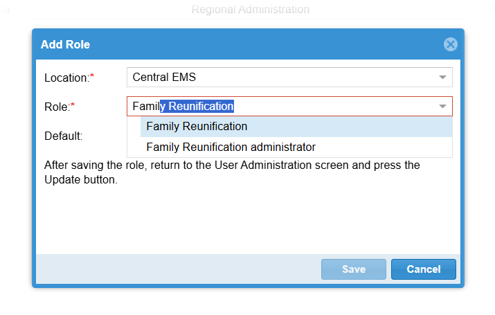 The Add Role window with the Role menu being filtered
