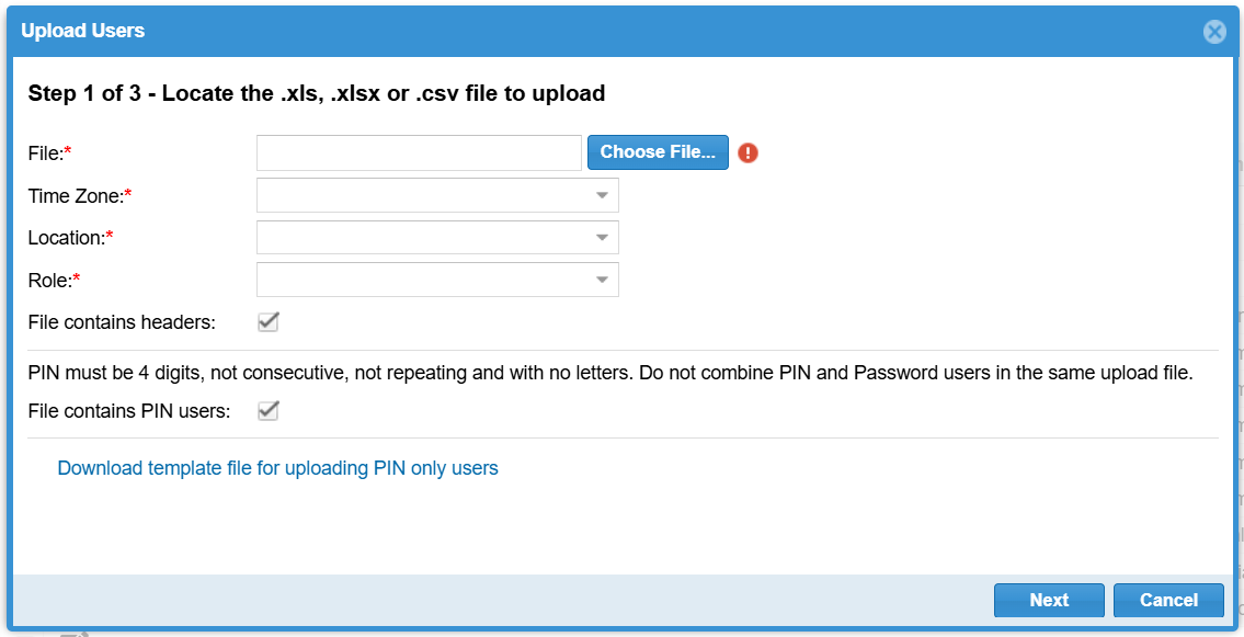 The Upload Users window The Upload Users window